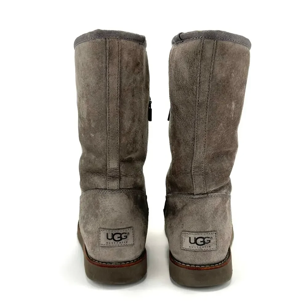 UGG Australia Gray Short Winter Boot Sz 6 Suede Wool Cold Weather Flat Mid-Calf